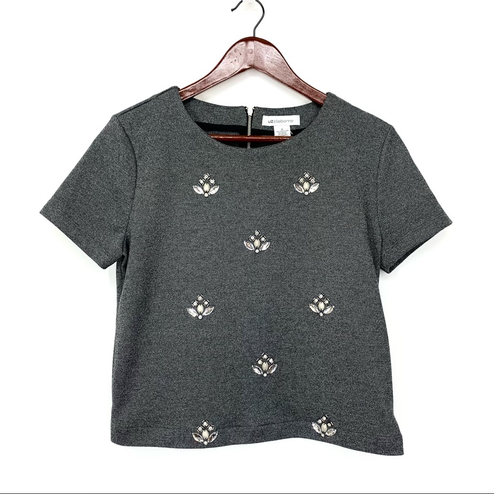Liz Claiborne Beaded & Jeweled Gray Short Sleeve Crewneck Thick Shirt Size Small
